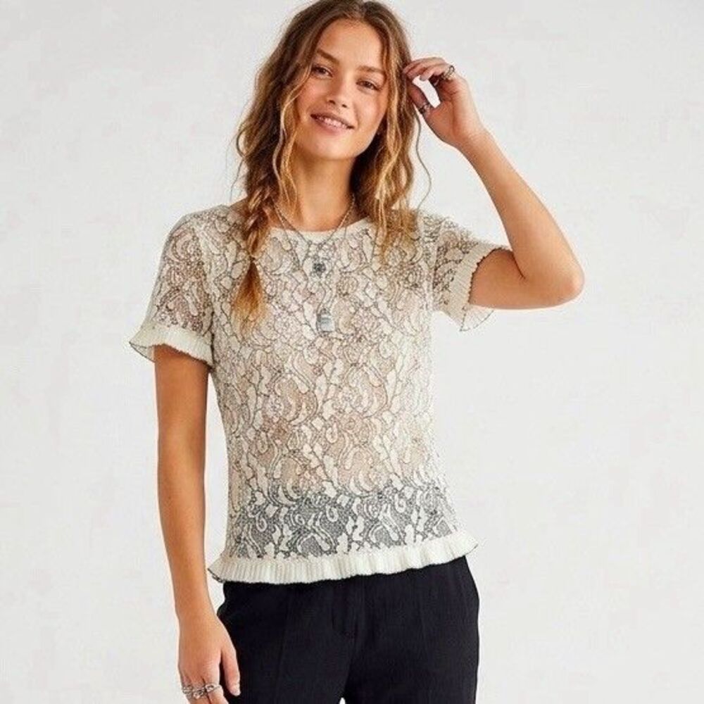 Loft Lace Blouse Small Floral Cream Ivory Short Sleeve Stretch Coquette Wedding